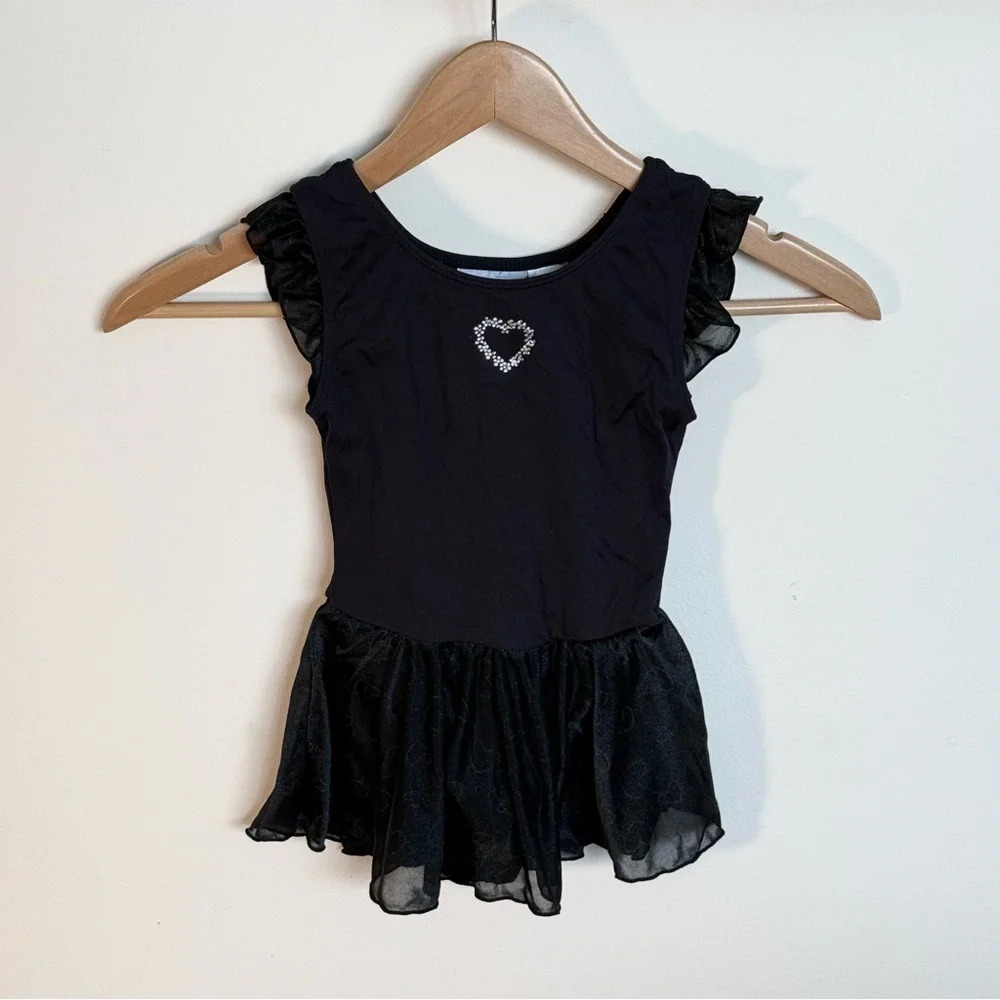Little Girls’ Jacques Moret Stud Sparkle Heart Black Leotard Small